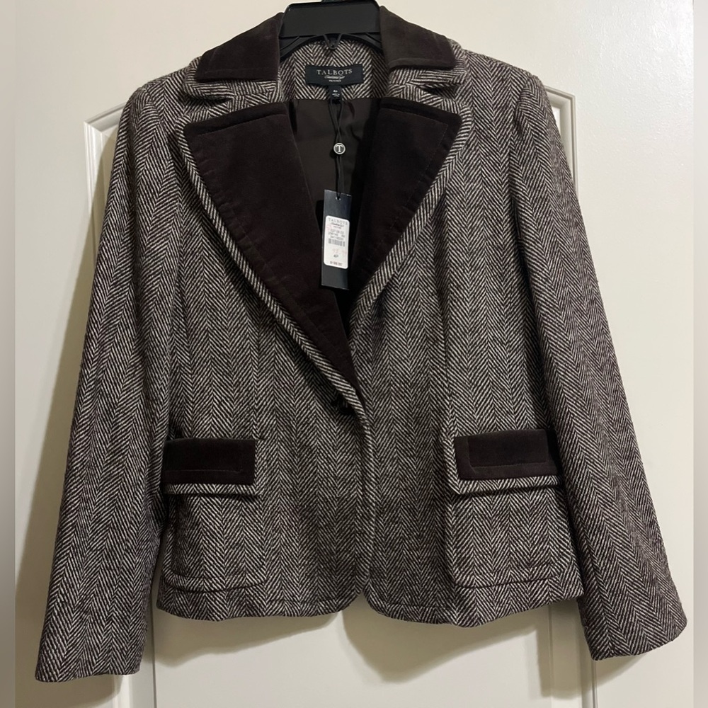 NWT Talbots Women’s Brown Tweed Wool Blend Chevron Blazer Jacket Size 4 PETITE